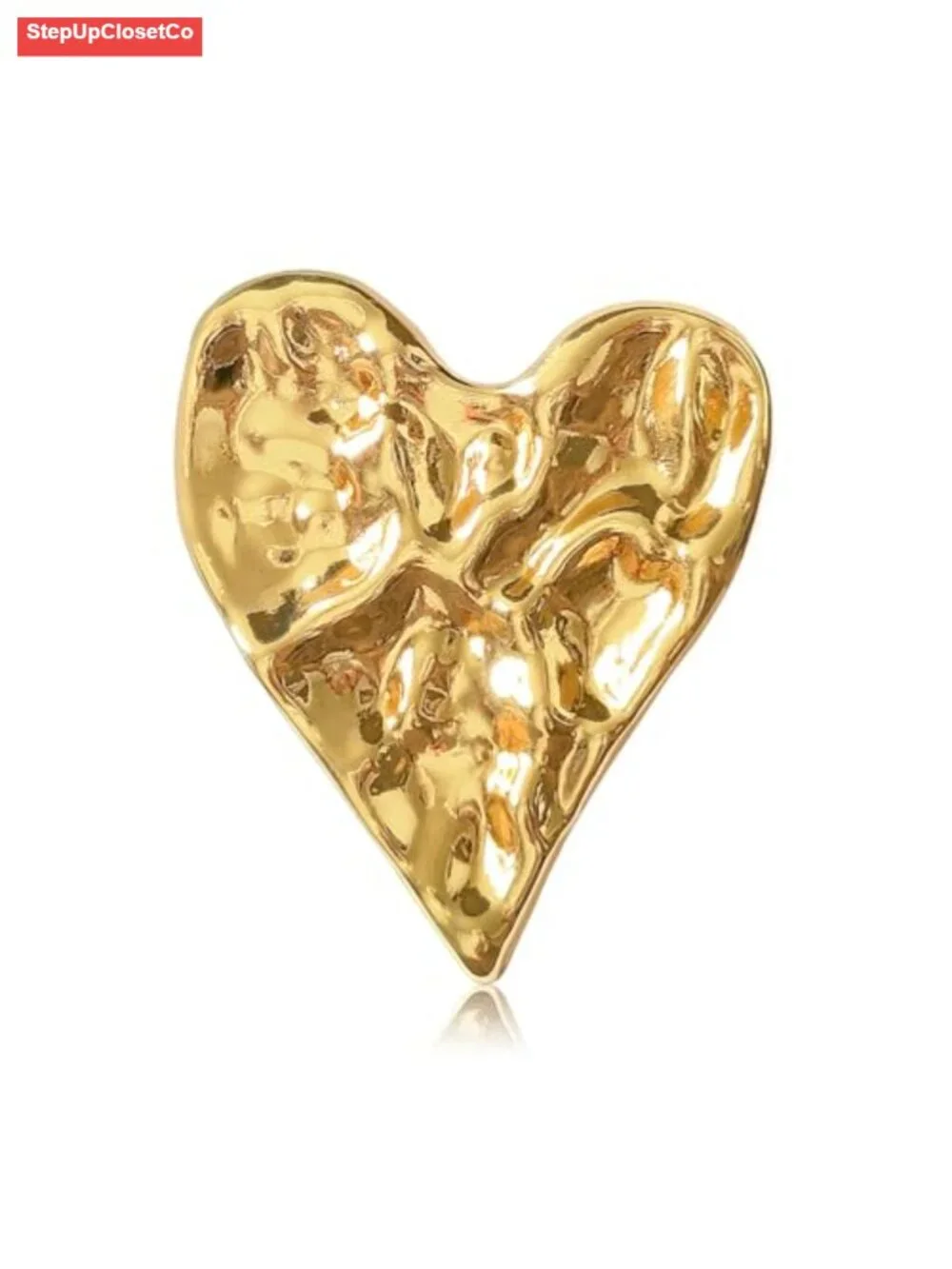 Irregular Hammered Chunky Heart Brooch Pin for Women, Lustrous Gold Finish